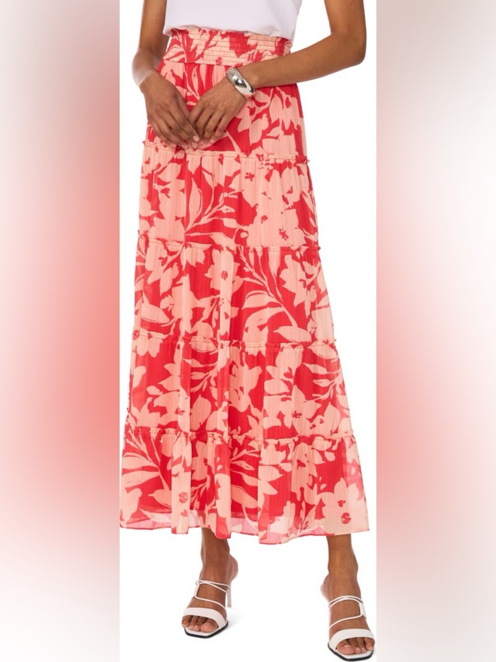 Vince Camuto Floral Tiered Midi Skirt Red Pink Summer Swirl NWT Size L